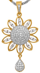 Gold Plated Sunflower White Cubic Zirconia Studded Pendant With Chain & Earring