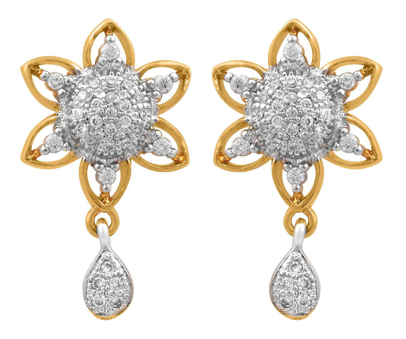 Gold Plated Sunflower White Cubic Zirconia Studded Pendant With Chain & Earring