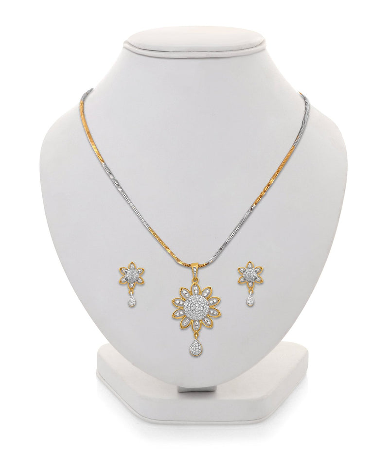 Gold Plated Sunflower White Cubic Zirconia Studded Pendant With Chain & Earring