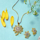 Gold Plated Sunflower White Cubic Zirconia Studded Pendant With Chain & Earring
