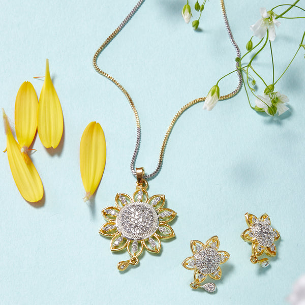 Flower Shaped American Diamond Gold Plated Pendant With Earrings