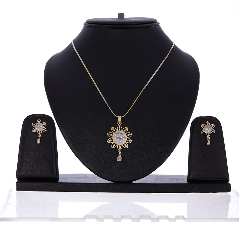 Gold Plated Sunflower White Cubic Zirconia Studded Pendant With Chain & Earring