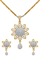 Gold Plated Sunflower White Cubic Zirconia Studded Pendant With Chain & Earring