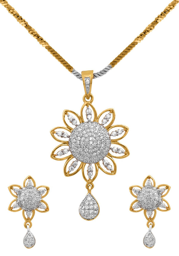 Gold Plated Sunflower White Cubic Zirconia Studded Pendant With Chain & Earring