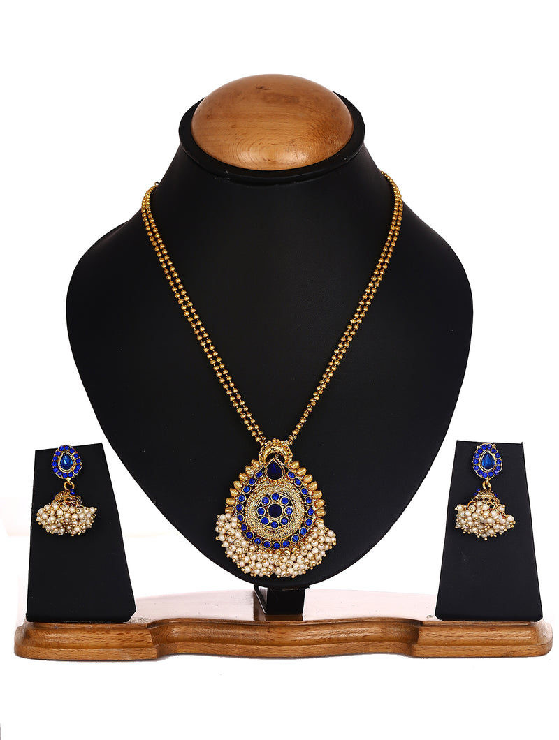 Gold Plated Brass Dazzling Pearls Teardrop Style Blue Black Colour Dual Strand Necklace Style Pendant With Drop Earring Jewellery