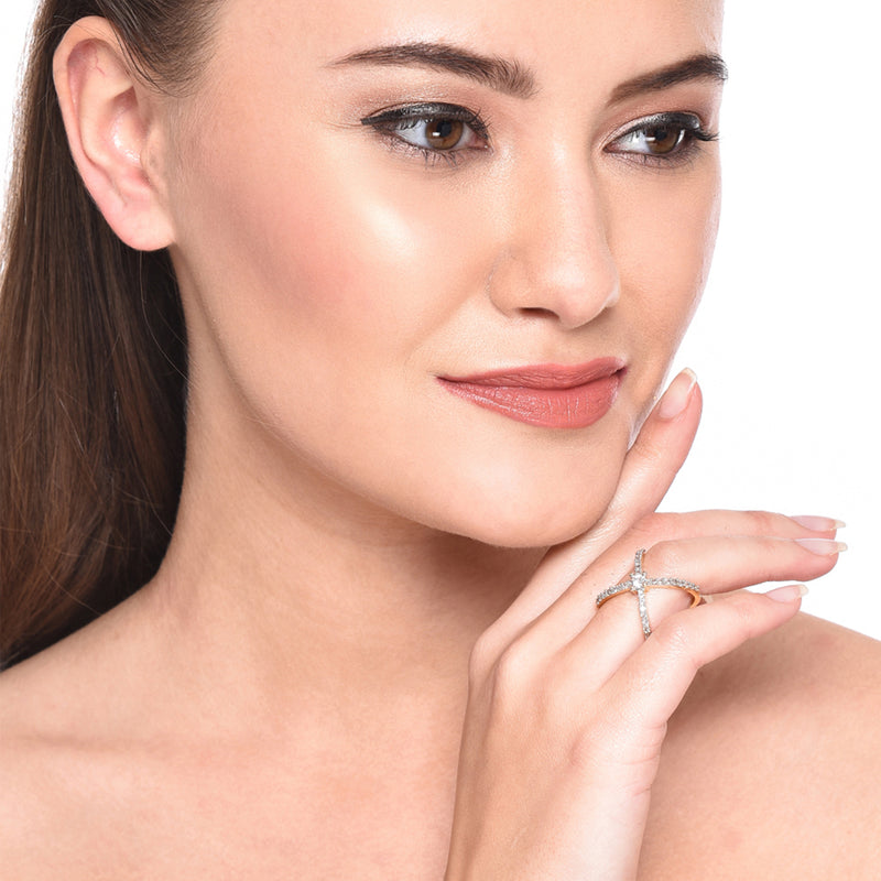 Gold-Plated  Minimalist X-Criss Cross Cubic Zirconia Studded Ring