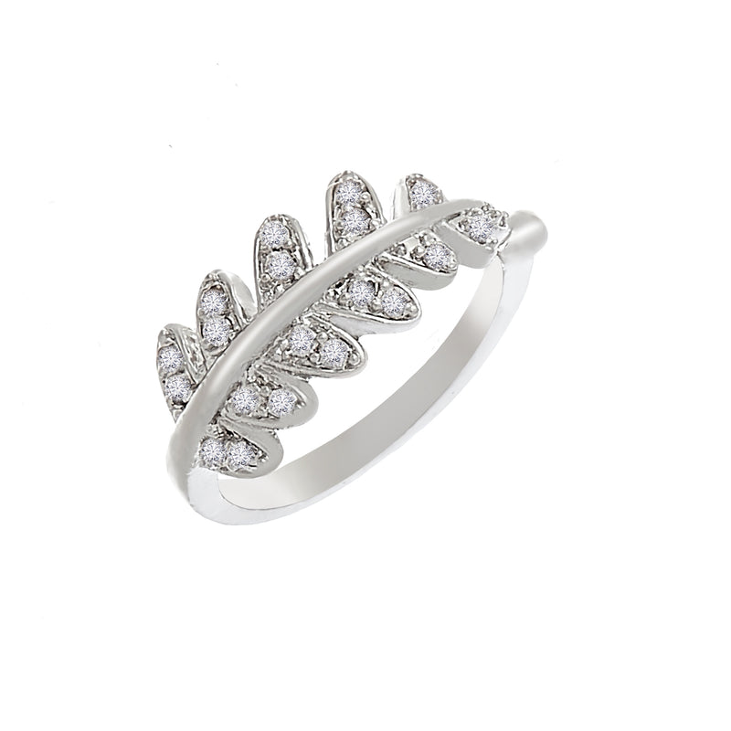 Rhodium Plated Silver Toned Leaf Shaped Cubic Zirconia Studded Ring
