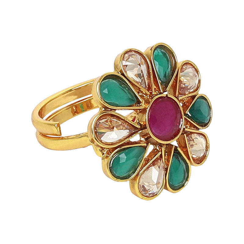 Gold-Plated Teardrop Shaped Floral Green & Pink Cubic Zirconia Studded Ring