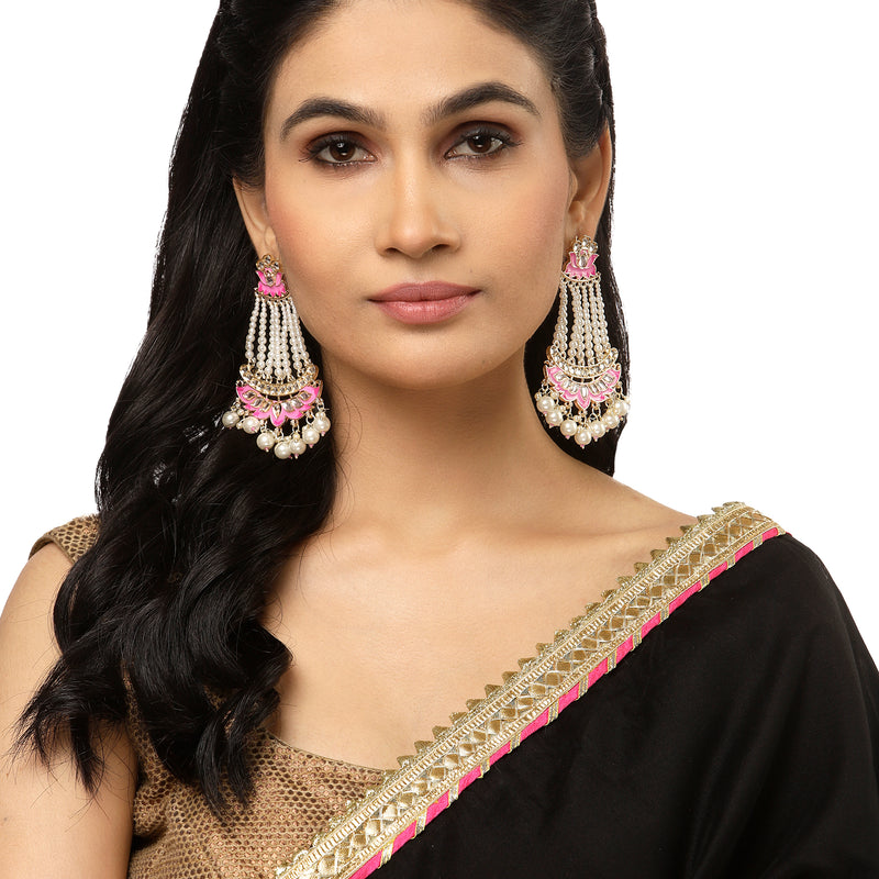 Gold-Plated White Pearls studded & Pink Enamelled Floral Shaped Drop Earrings