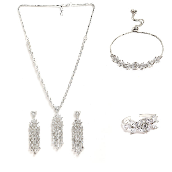 Rhodium-Plated with Silver-Tone White American Diamond-Studded Jewellery Set Combo