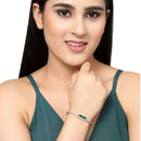 Rhodium-Plated Silver Toned Emerald Green American Diamond Studded Kada Bracelet