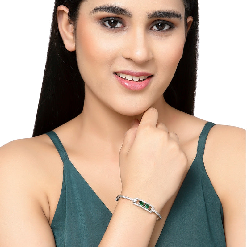 Rhodium-Plated Silver Toned Emerald Green American Diamond Studded Kada Bracelet