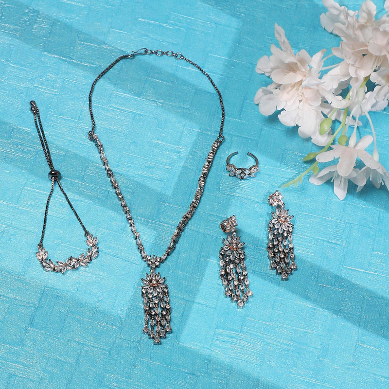 Rose Gold Plated Black Toned American Diamond Studded Detailed Design Pendant Combo Set With Adjustable Bracelet & Ring