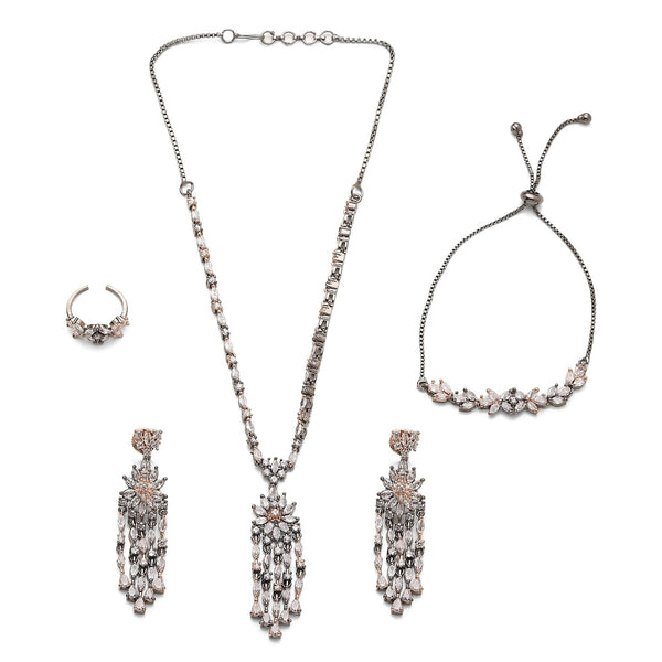 Rose Gold Plated Black Toned American Diamond Studded Detailed Design Pendant Combo Set With Adjustable Bracelet & Ring