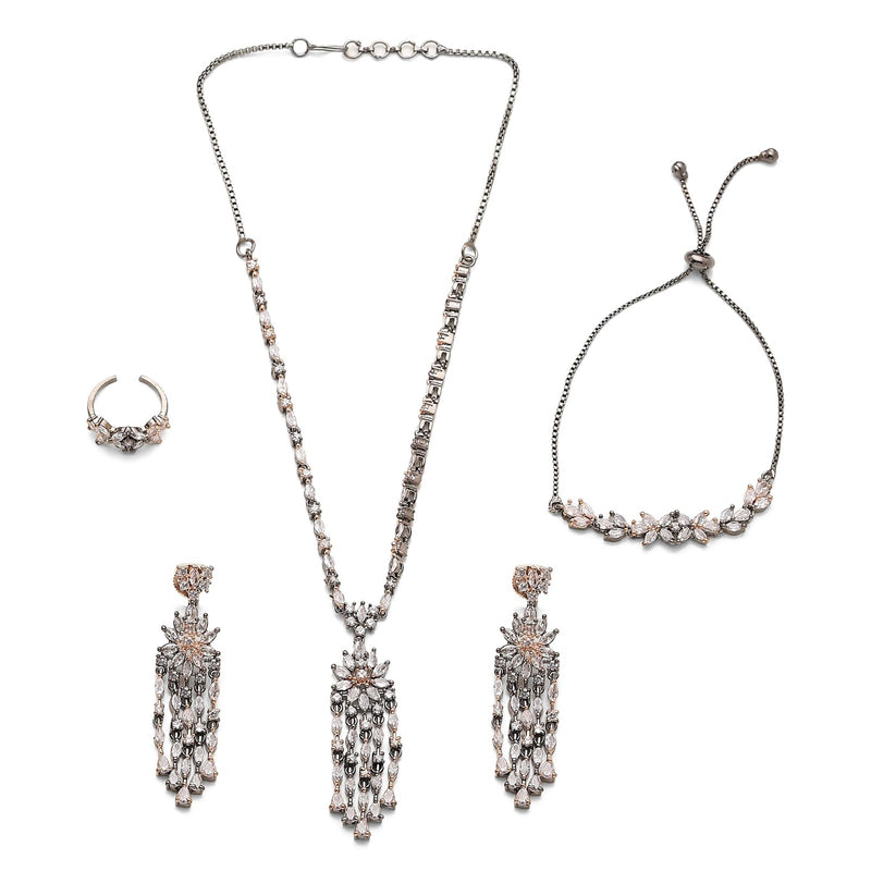 Rose Gold Plated Black Toned American Diamond Studded Detailed Design Pendant Combo Set With Adjustable Bracelet & Ring