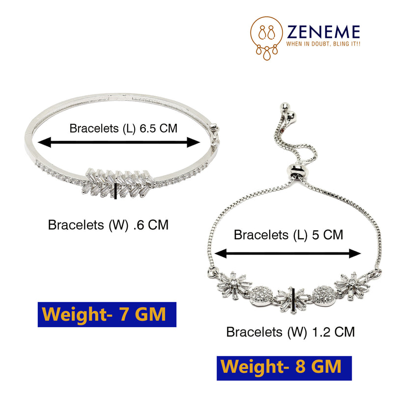 Rhodium Plated Silver Toned Floral Design Set Of 2 Adjustable Bracelet & Classic Bracelet