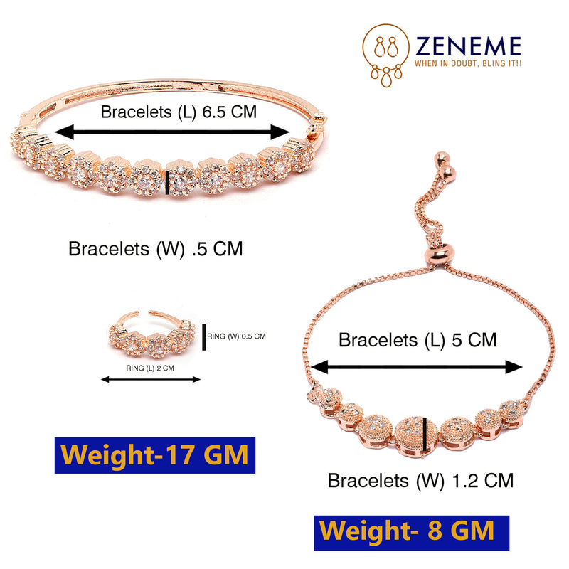 Rose Gold Plated Round Charm Beaded Set Of 2 Adjustable & Cuff Bracelet With Ring