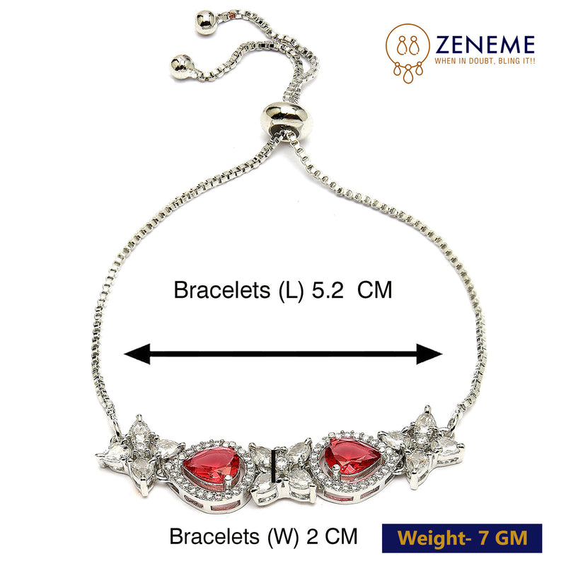 Rhodium Plated Silver Toned White Flower & Red Teardrop AD Studded Wraparound Adjustable Bracelet