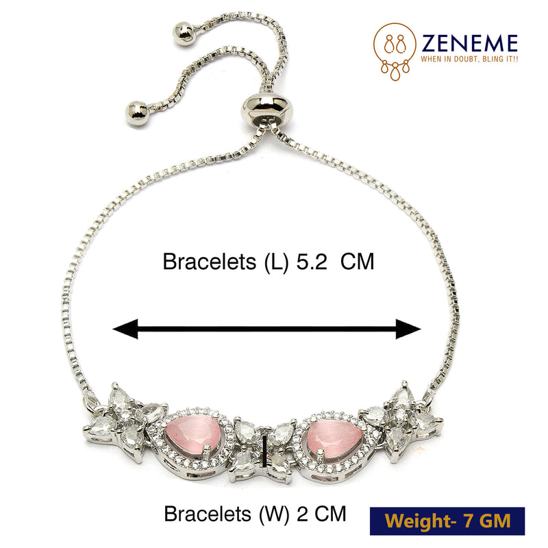 Rhodium Plated Silver Toned White Flower & Pink Teardrop American Diamond Studded  Wraparound Adjustable Bracelet