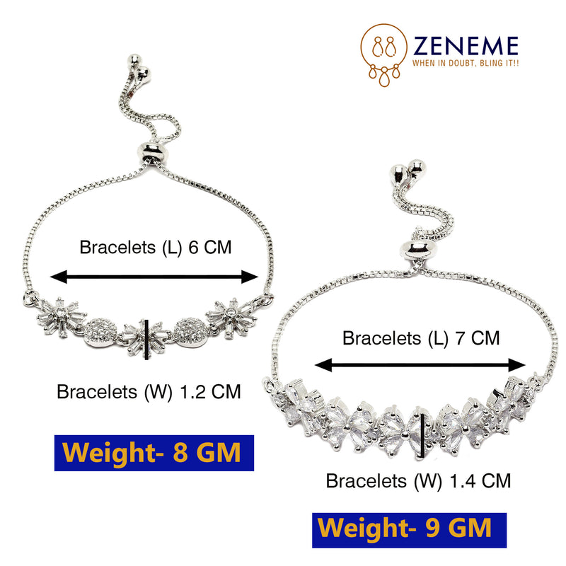 Rhodium Plated Silver Toned White Floral Set Of 2 Adjustable Stackable Bracelet