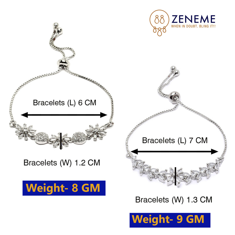 Rhodium Plated Silver Toned White Floral Set Of 2 Adjustable Stackable Bracelet