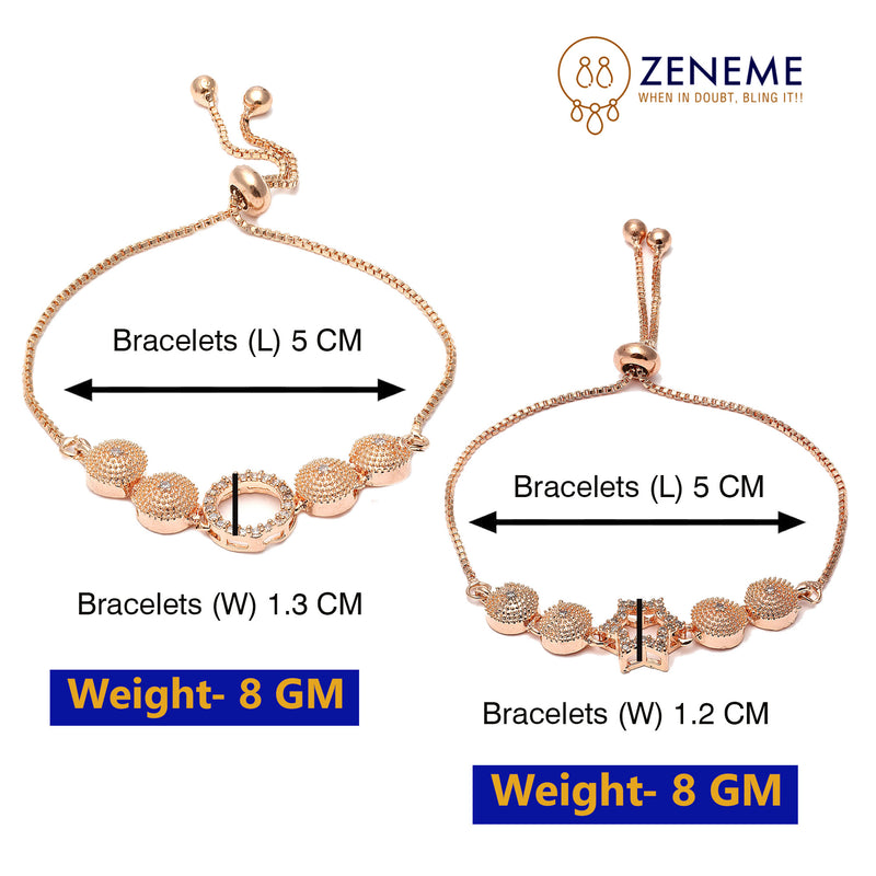 Rose Gold Plated Halo Star & Round Charm Beaded Set Of 2 Adjustable Stackable Bracelet