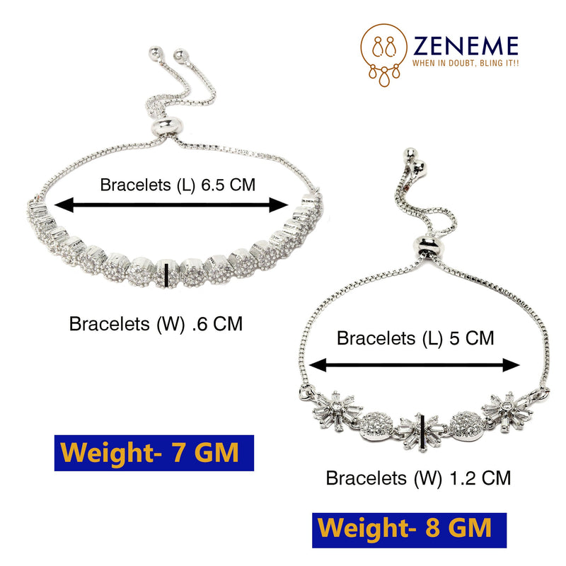 Rhodium Plated Silver Toned Round Charm Beaded & Floral Set Of 2 Adjustable Stackable  Bracelet