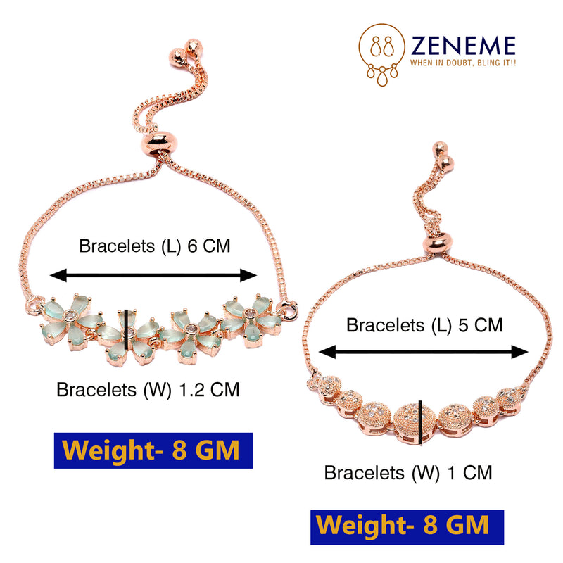 Rose Gold Plated Round Charm Beaded & Sea Green  Floral Design Set Of 2  Adjustable Stackable Bracelets