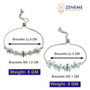 Rhodium Plated Silver Toned Sea Green Floral Set Of 2 Adjustable Stackable Bracelet