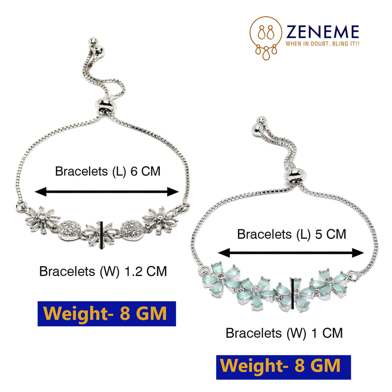 Rhodium Plated Silver Toned Sea Green Floral Set Of 2 Adjustable Stackable Bracelet