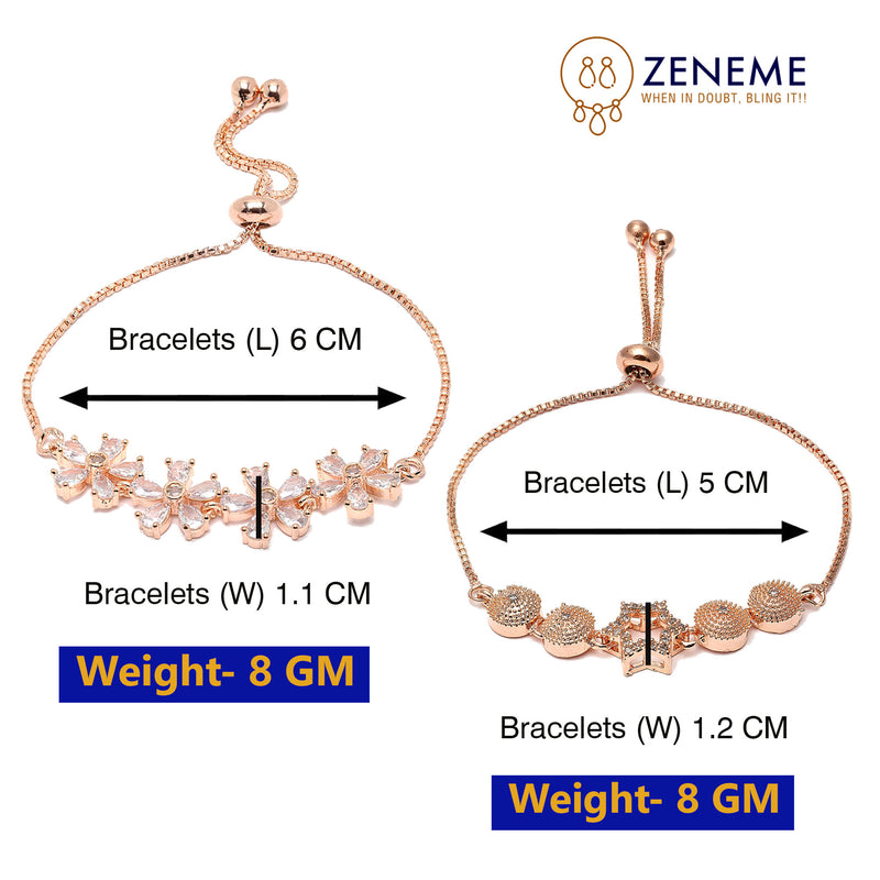 Rose Gold Plated Halo Star Charm Beaded & Floral Design Set of 2 Adjustable Stackable Bracelets