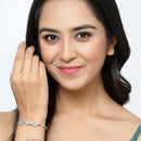 Rhodium-Plated Silver Toned Oval Shaped Sea Green & Pink American Diamond Studded Kada Bracelet