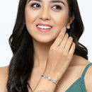 Rhodium-Plated Silver Toned Oval Shaped Sea Green & Pink American Diamond Studded Kada Bracelet