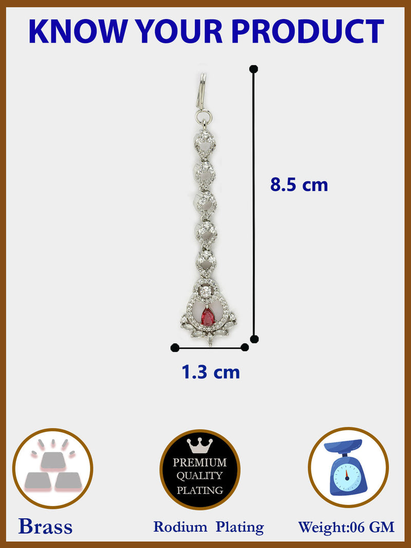 Rhodium Plated Silver Toned  Round & Teardrop Shaped Red American Diamond Studded Maang Tikka