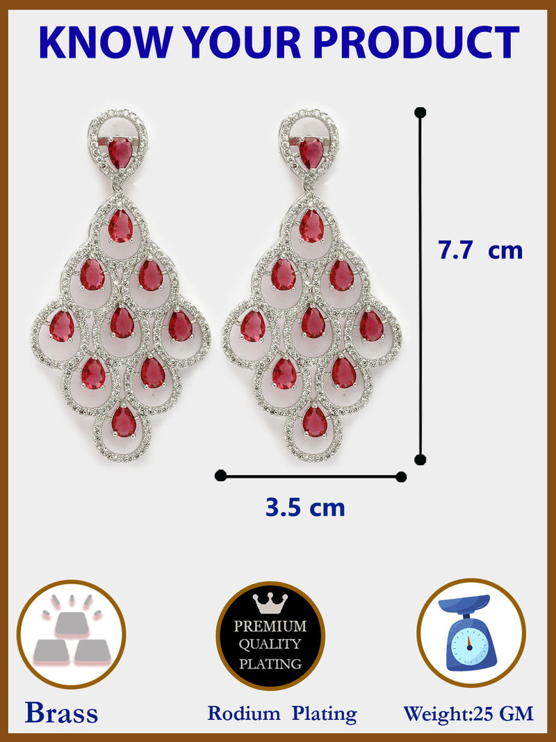 Rhodium Plated Silver Toned with Red American Diamond Dangler Earrings