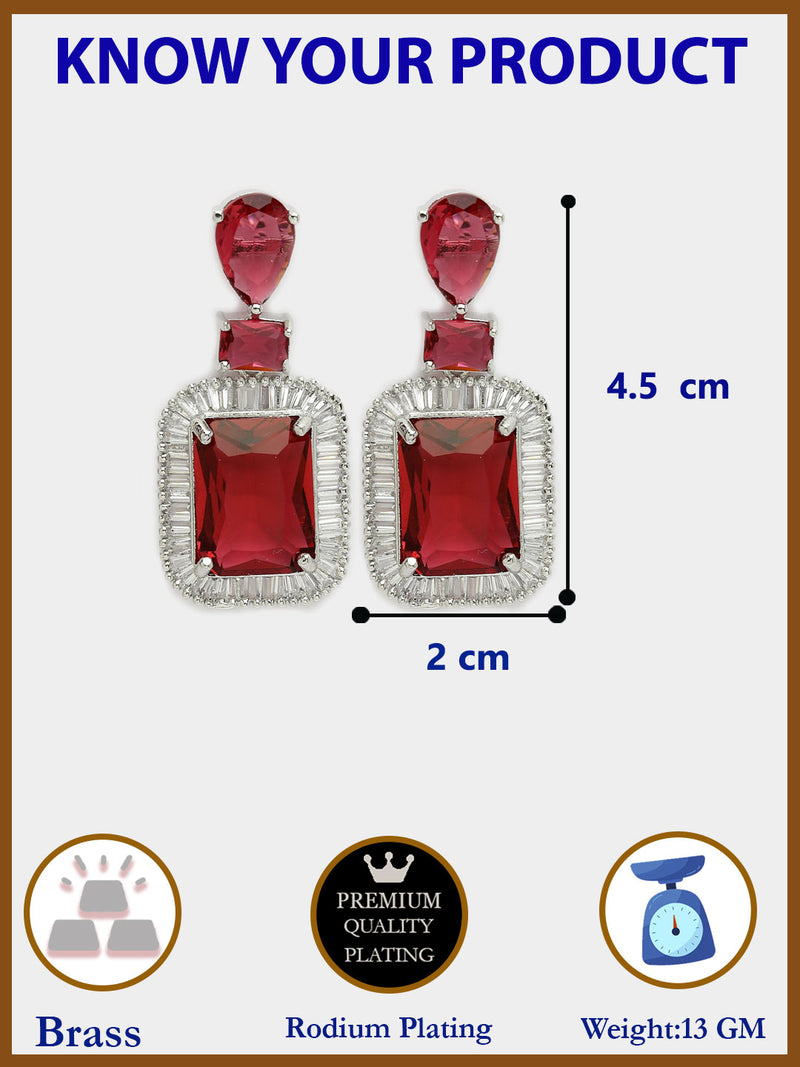 Rhodium Plated Silver Toned with Red American Diamond Small Drop Earrings