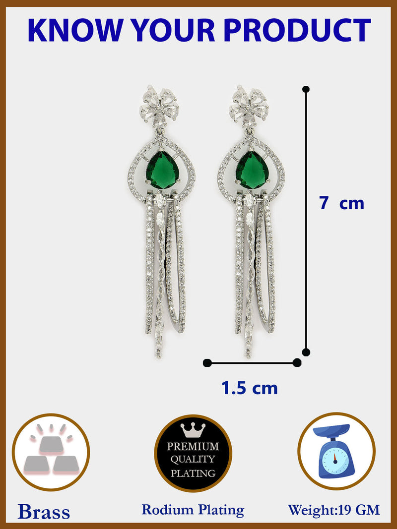Rhodium Plated with Cluster Design Green & White American Diamond Dangler Earrings