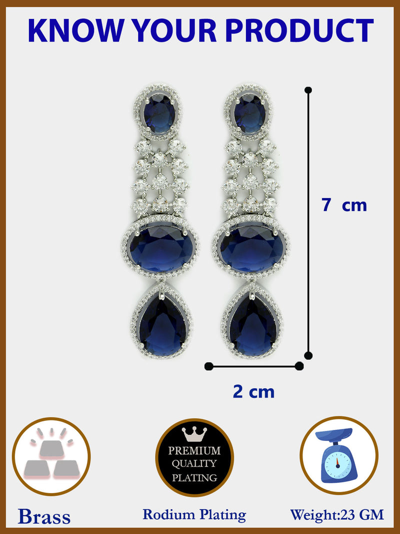 Rhodium Plated with Long Tear Drop Design Blue & White American Diamond Drop Earrings