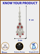 Rhodium Plated Silver Toned Ruby Red & White American Diamond Bridal Maang Tikka With Dangling Teardrop Stones