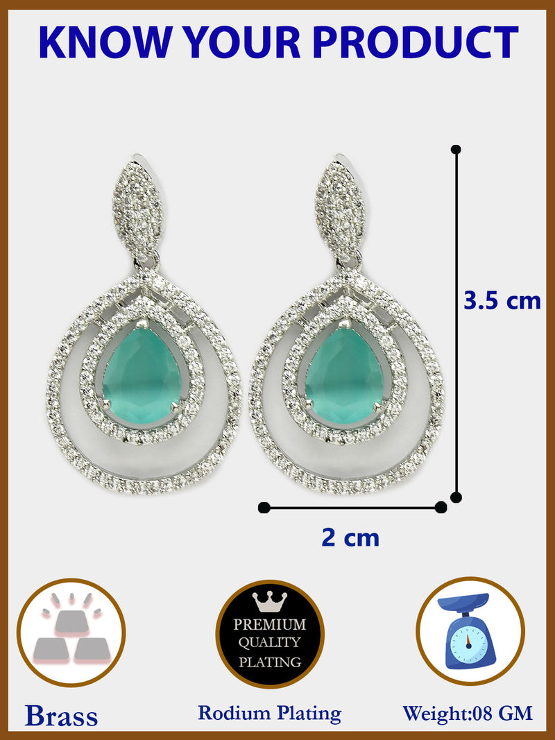 Rhodium Plated Silver Toned with Teardrop Shaped Ocean Blue & White American Diamond Drop Earrings