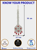 Rhodium Plated Silver Toned Floral Red American Diamond Studded Maang Tikka with Elegant Dangling Stones