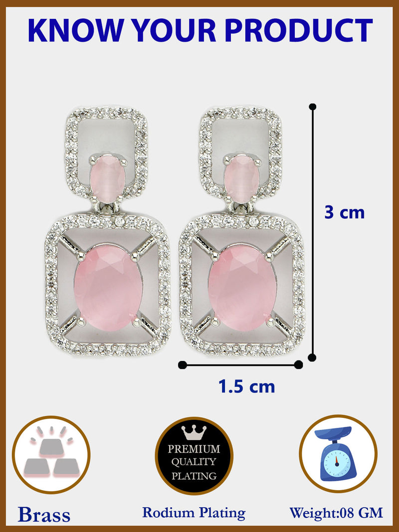 Rhodium Plated with Pink American Diamond Stylish Square Shaped Small Drop Earrings