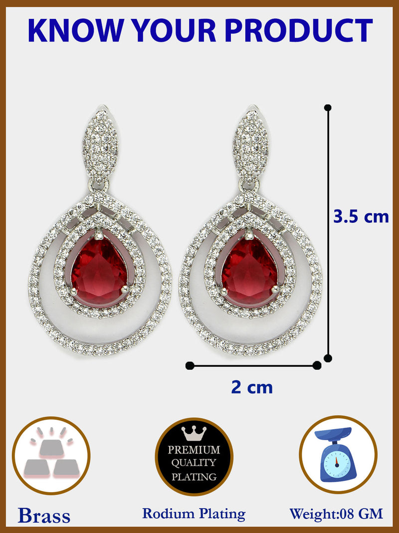 Rhodium Plated Silver Toned with Teardrop Shaped White American Diamond Drop Earrings