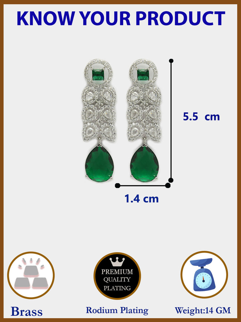 Rhodium Plated Silver Toned with Green American Diamond Small Drop Earrings