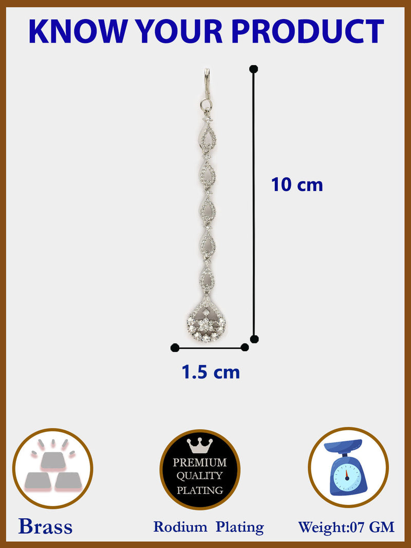 Rhodium Plated Silver Toned Teardrop Shaped White American Diamond Studded Maang Tikka