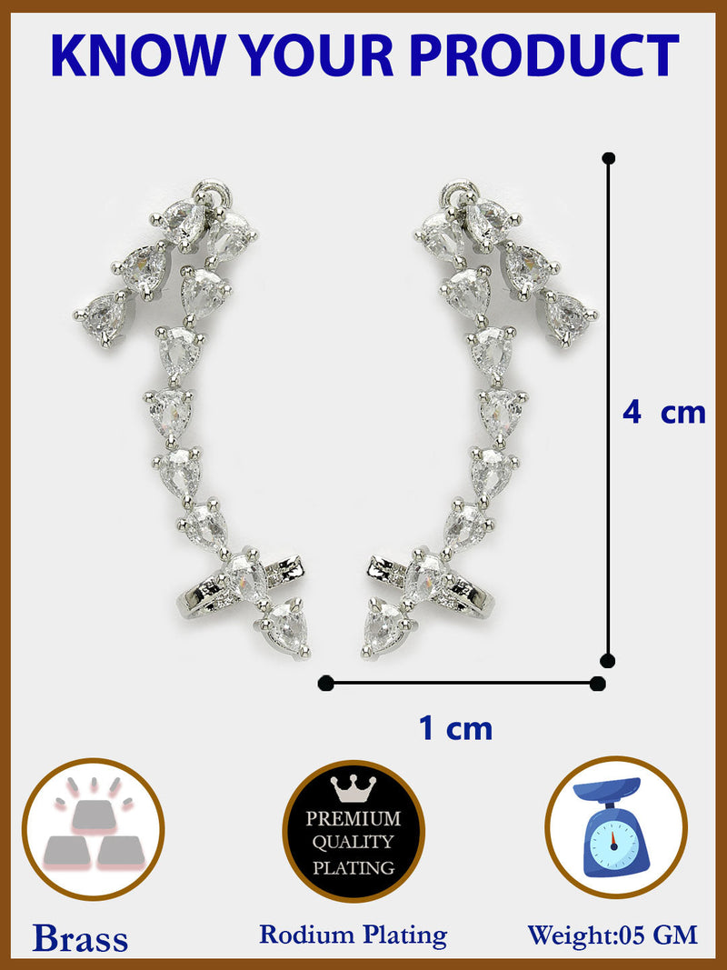 Rhodium Plated Silver Toned Chic Teardrop Crystal American Diamond Studded Minimalist & Modern Ear Climbers