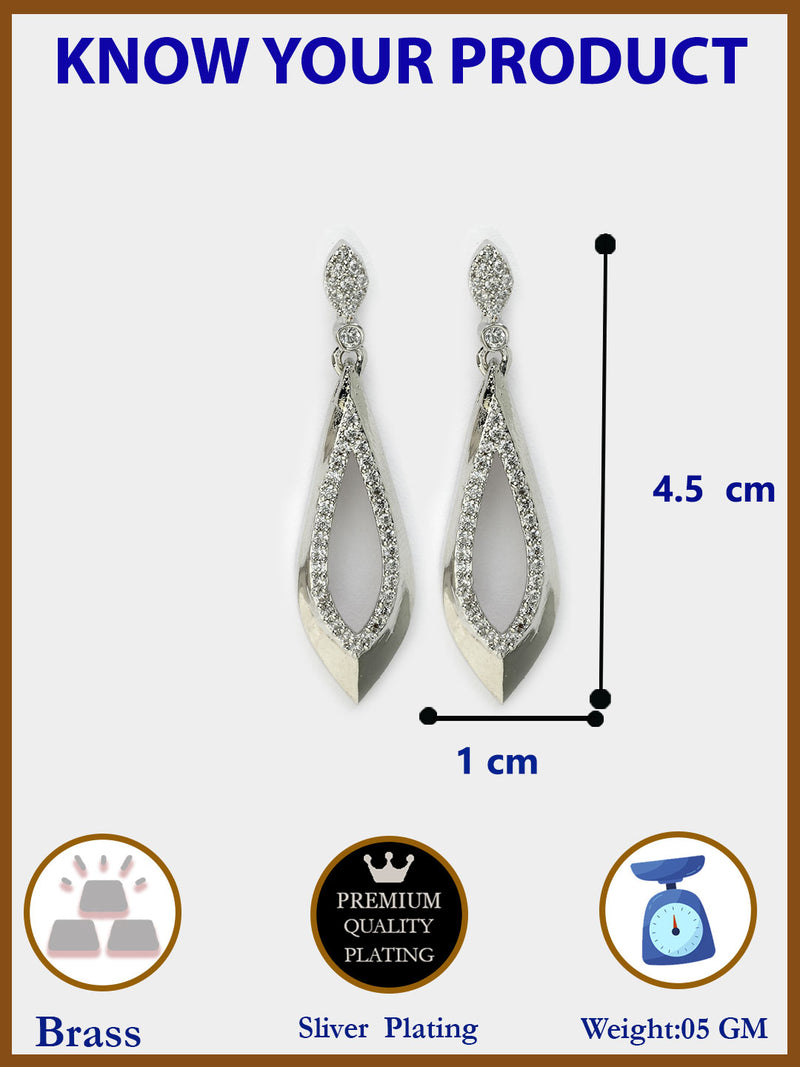 Rhodium Plated Silver Toned with Stylish American Diamond Small Drop Earrings