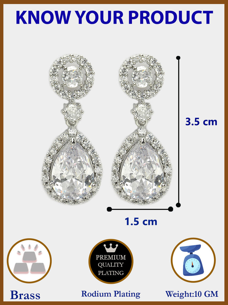 Rhodium Plated with White American Diamond Circular & Teardrop Shaped Drop Earrings