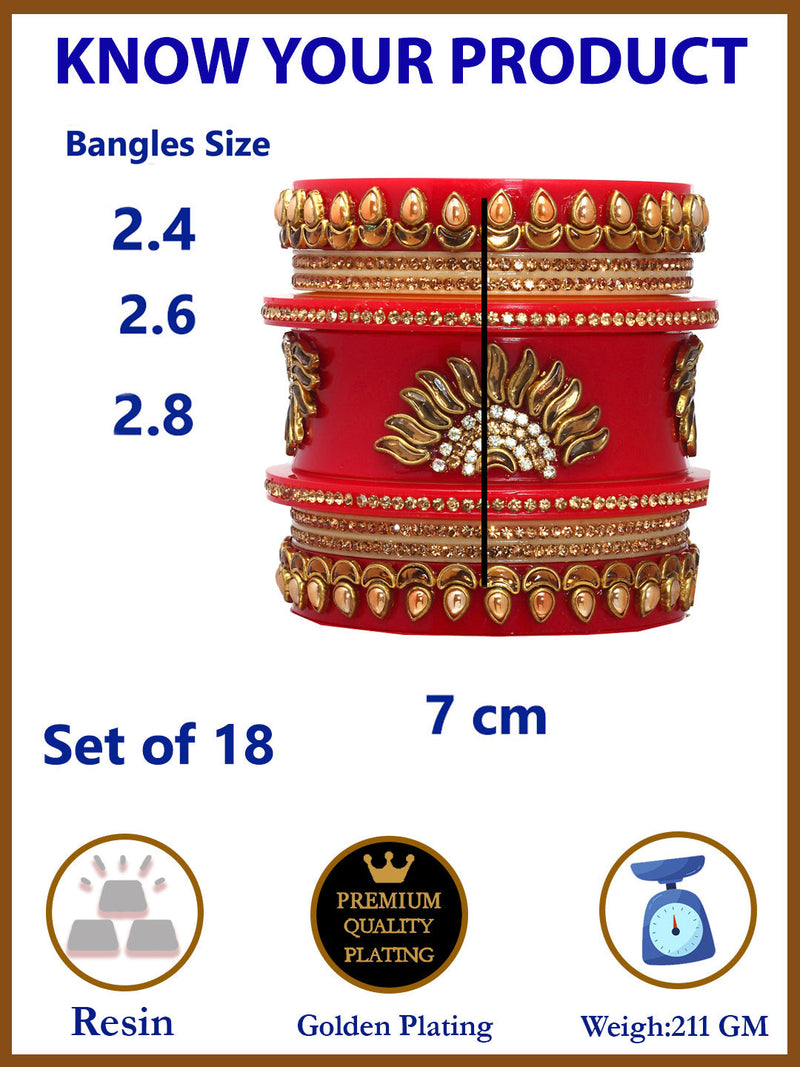 Gold Plated Cubic Zirconia  Studded Nature Inspired Set Of 18 Traditional Bangle Set