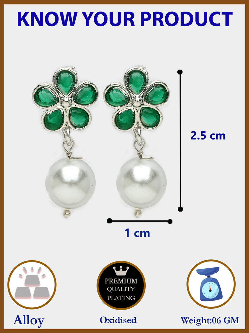 Rhodium Plate Silver Toned Green American Diamond with Pearl Stud Earrings